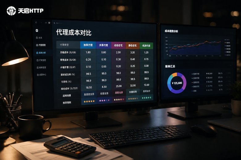 深夜办公桌上双屏显示代理成本对比表格,旁边放着计算器