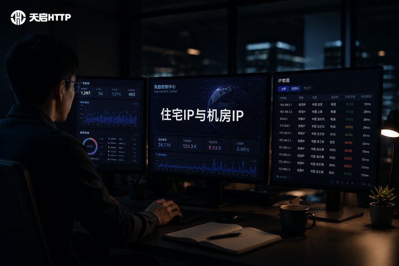 夜晚办公室中分析师盯着风控大屏,屏幕上显示住宅IP与机房IP对比
