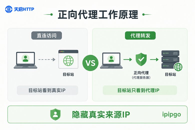 正向代理工作原理对比信息图:直连访问与代理转发