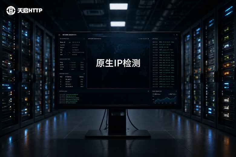 服务器机房中显示原生IP检测数据的大屏幕