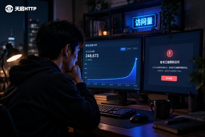 深夜电脑屏幕上的网站访问量曲线与账号警告弹窗