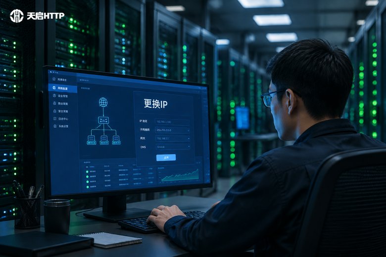 工程师在数据中心机房更换服务器IP