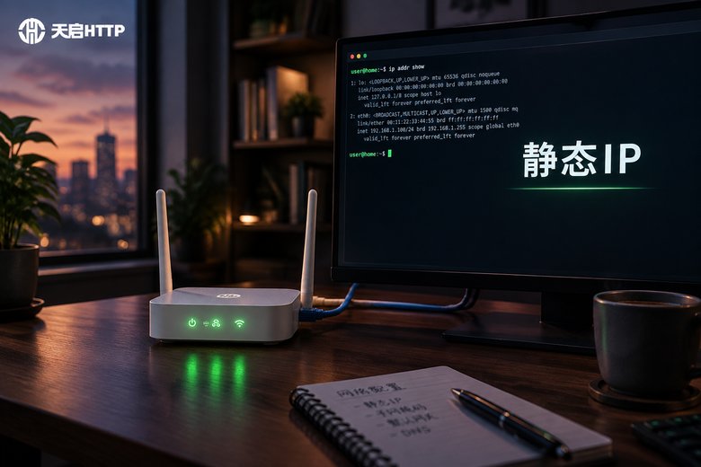 软路由设备与显示静态IP配置的电脑屏幕