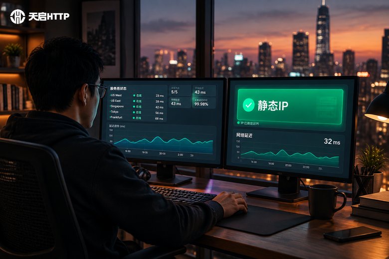 深夜办公桌上双屏显示的静态IP监控界面