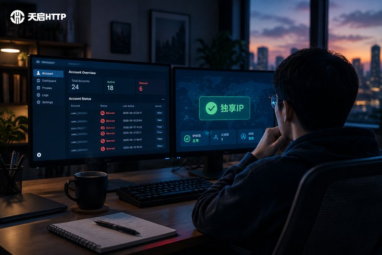 深夜办公桌前屏幕显示账号后台与独享IP状态