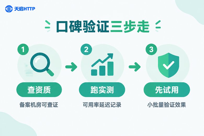 验证随机IP平台真实口碑的三步流程信息图