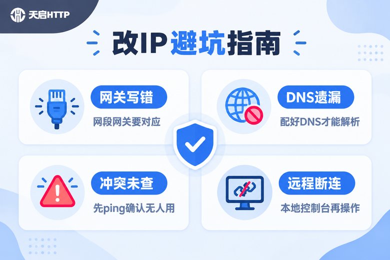 改IP避坑指南信息图:网关写错、DNS遗漏、冲突未查、远程断连四大坑点