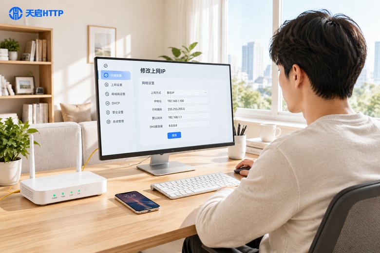 电信宽带用户在电脑网络设置页修改上网IP的明亮居家场景