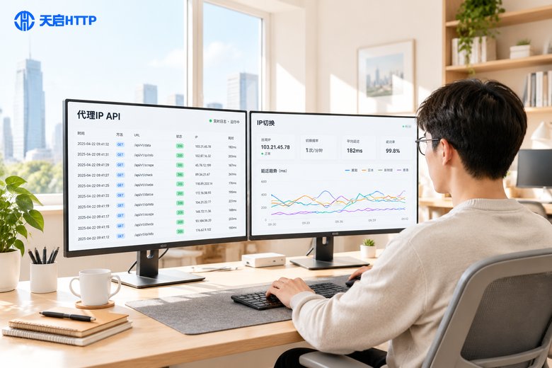 明亮办公室内程序员调试代理IP API请求日志与节点切换面板