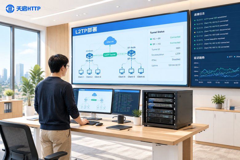明亮网络运维室内工程师在大屏拓扑图前部署L2TP隧道的宽幅全景