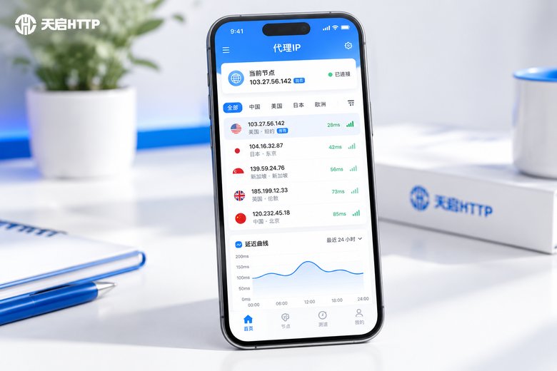 手机上的代理IP工具app节点切换界面特写