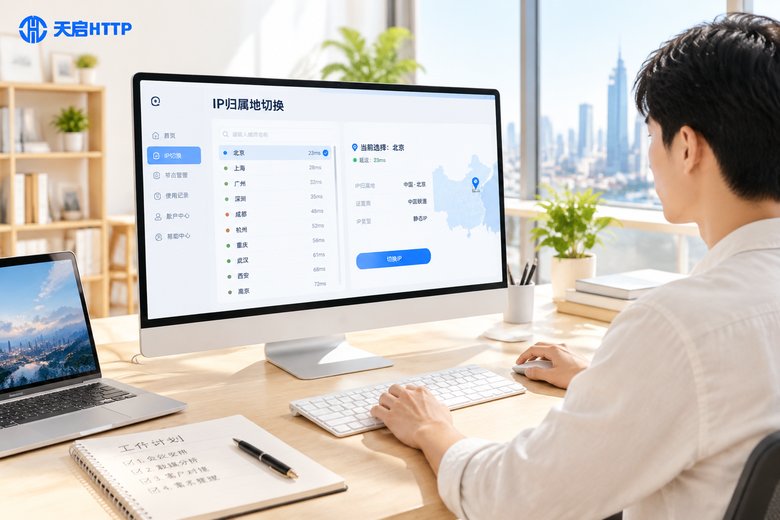 明亮工作室内切换IP归属地的操作面板演示
