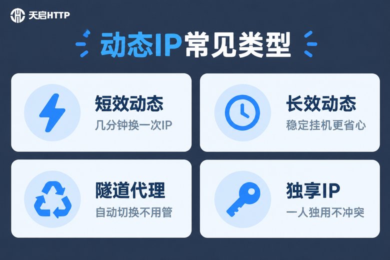 动态IP常见类型信息图:短效动态、长效动态、隧道代理、独享IP