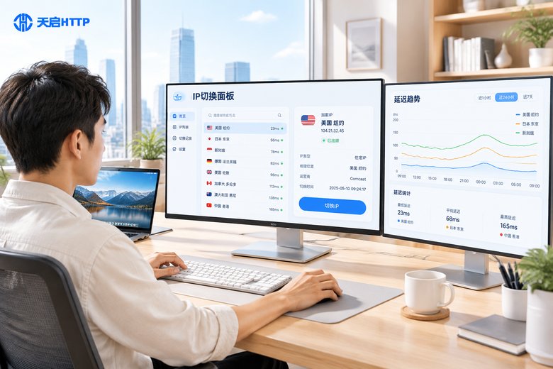 明亮办公场景中通过IP切换面板变换IP地址