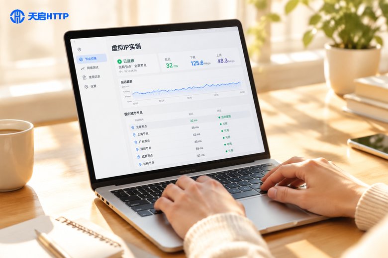 macOS虚拟IP工具实测:阳光下用MacBook查看节点切换面板与延迟曲线