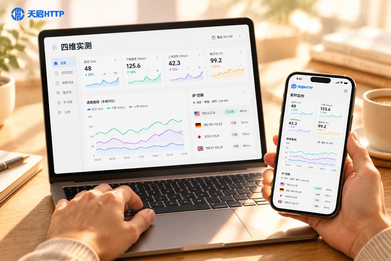 双手在笔记本和手机上对比代理IP延迟监控图表,进行四维实测