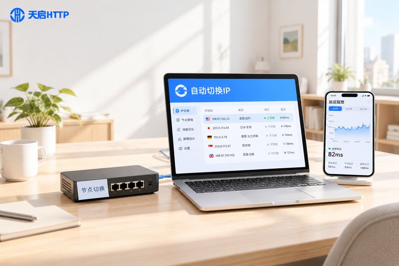 明亮办公桌上电脑与手机展示自动切换IP设置界面