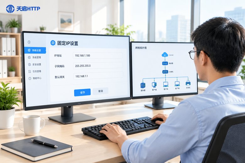 网络工程师在明亮办公室为电脑设置固定IP地址