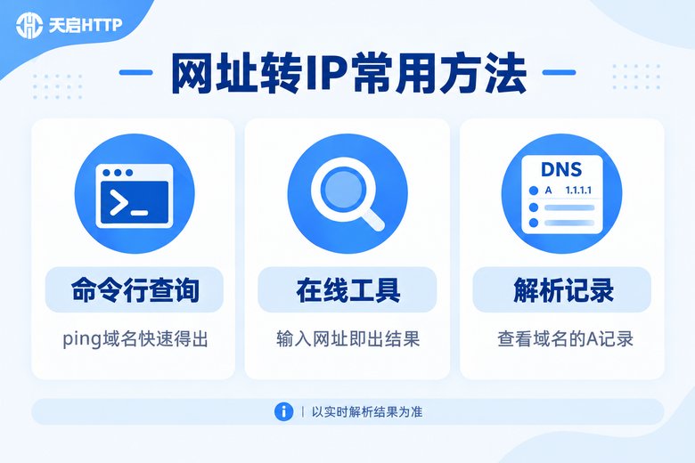 网址转IP三种常用方法信息图:命令行、在线工具、解析记录