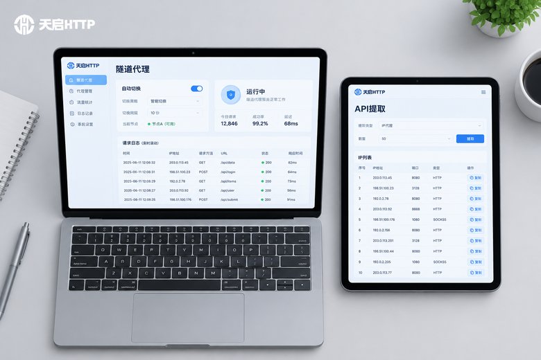 隧道代理与API提取代理双屏对比俯拍场景