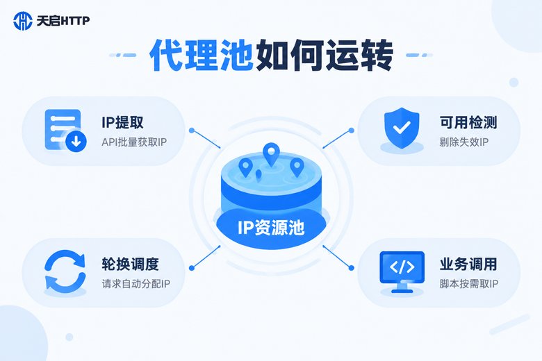 代理池工作原理信息图:提取、检测、调度、调用四环节