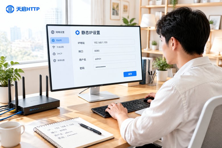 明亮办公室内配置静态IP参数的宽景实拍