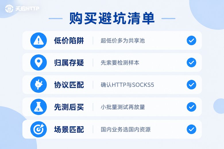 代理IP购买避坑清单信息图:五大常见陷阱与对策