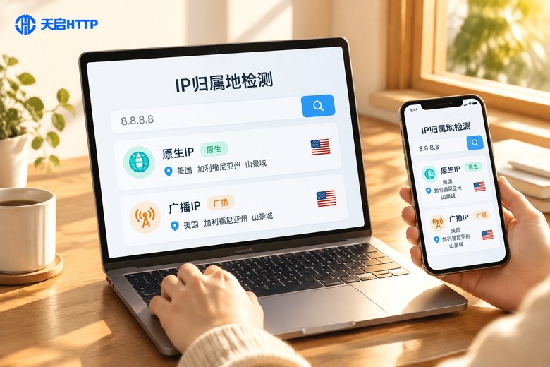 笔记本屏幕上的IP归属地检测面板,对比原生IP与广播IP