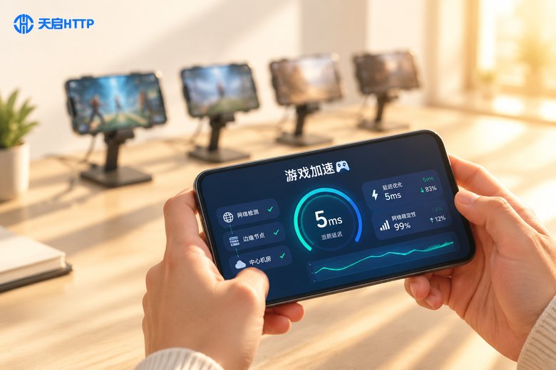 手机屏幕显示游戏加速延迟测试界面,背景为多设备手机支架