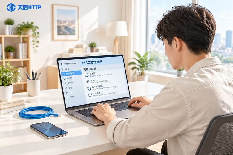 在明亮书房用笔记本电脑修改MAC地址的教程场景
