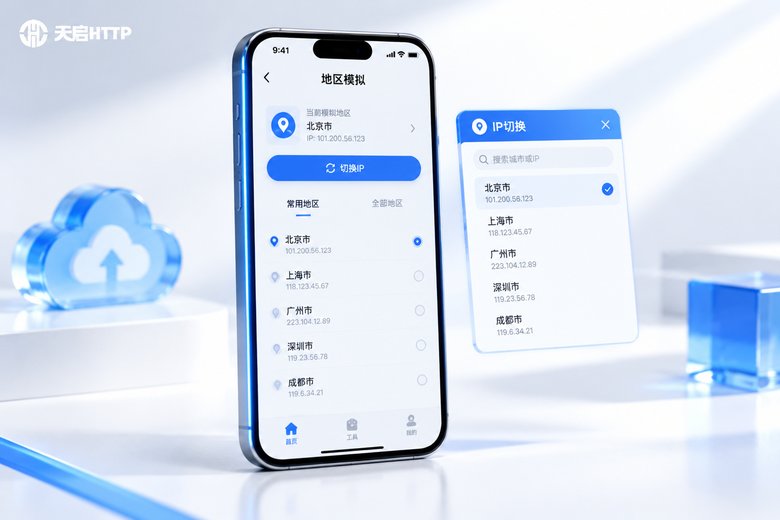 手机上的APP地区模拟测试界面与IP切换面板