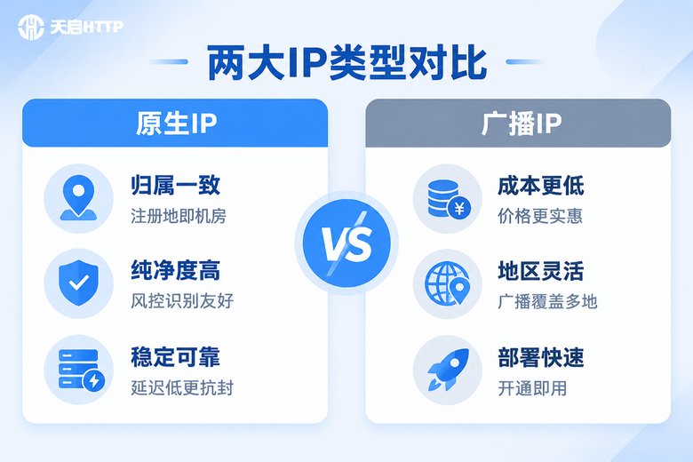 原生IP与广播IP核心区别对比信息图