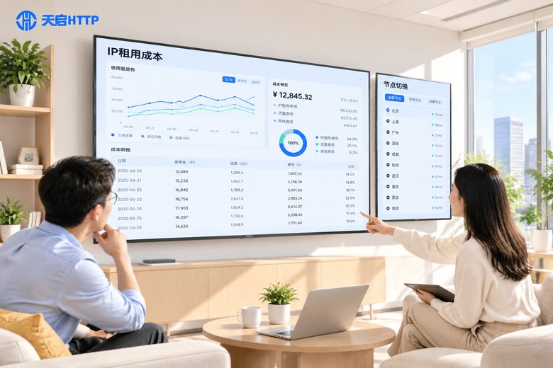 明亮办公室内团队查看代理IP租用成本看板