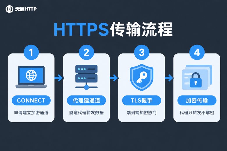 HTTPS加密传输四步流程信息图:从CONNECT请求到加密数据传输