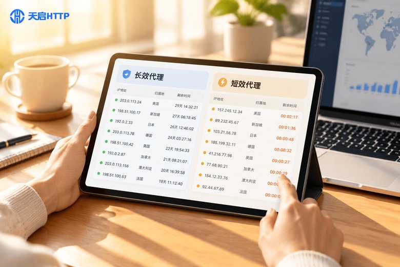 双手在阳光下对比平板上的长效代理与短效代理管理后台