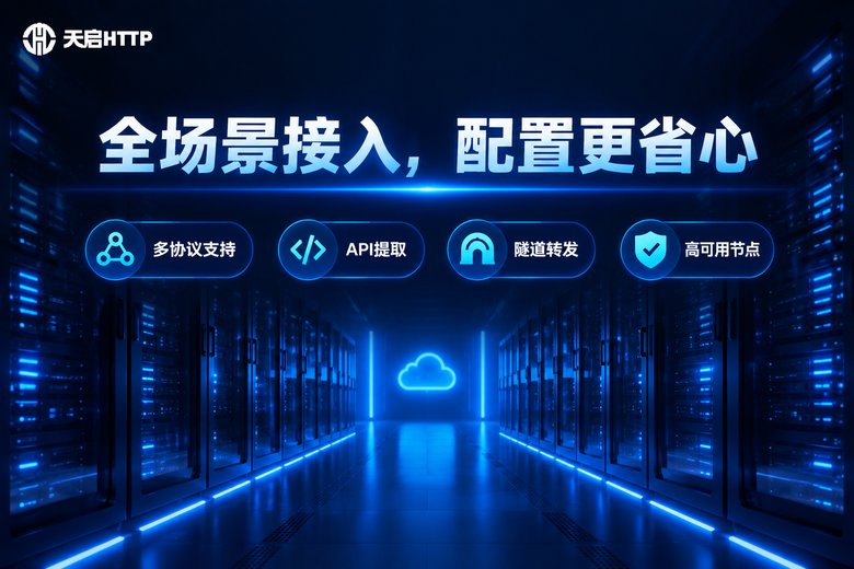 天启HTTP品牌图:多协议支持、API提取、隧道转发、高可用节点