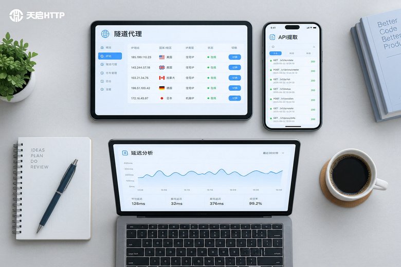 隧道代理与API提取两种接入模式对比的开发者工作台俯拍