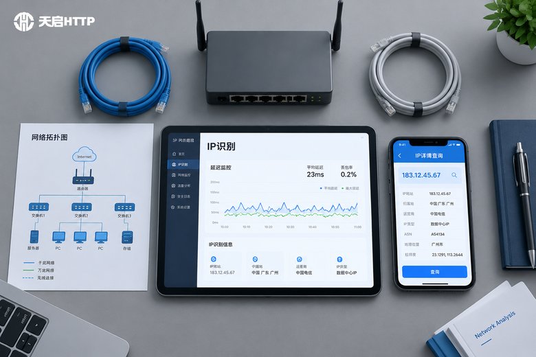 网络分析工作台俯拍,平板电脑显示IP识别与时延监控图表