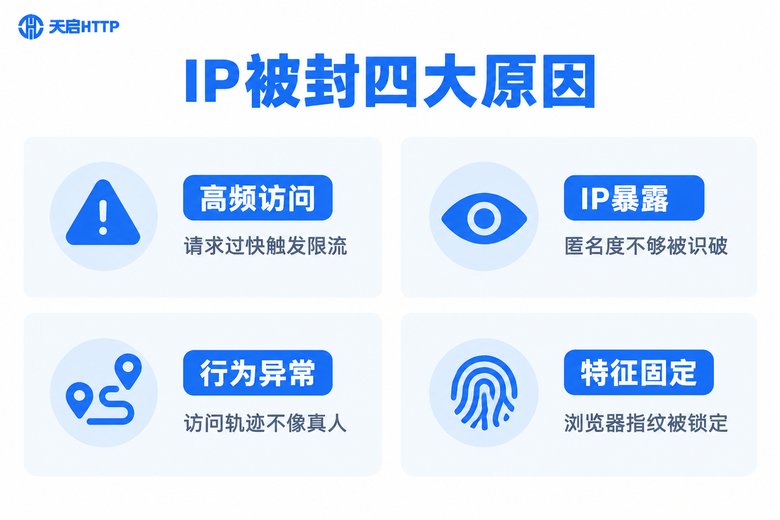 IP被封四大原因信息图:高频访问、IP暴露、行为异常、特征固定