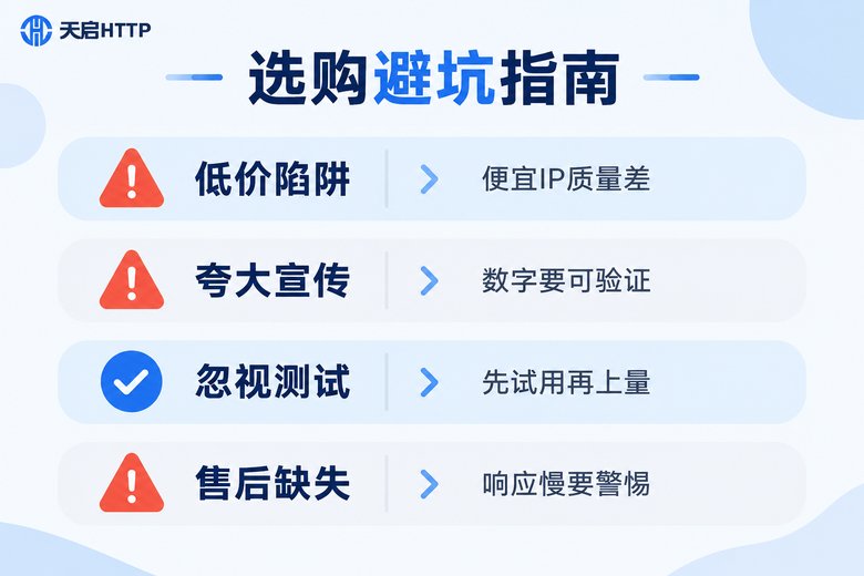 代理服务商选购避坑指南信息图:低价陷阱、夸大宣传、忽视测试、售后缺失