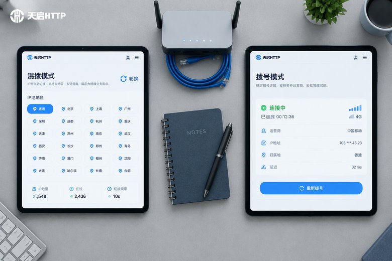 混拨IP与拨号IP动态切换对比:两块屏幕分别显示混拨模式与拨号模式面板