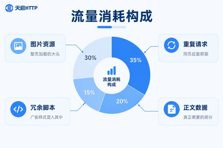 代理IP流量消耗构成信息图:图片、重复请求、冗余脚本与正文数据占比