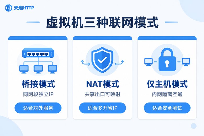 虚拟机桥接、NAT与仅主机三种联网模式对比信息图
