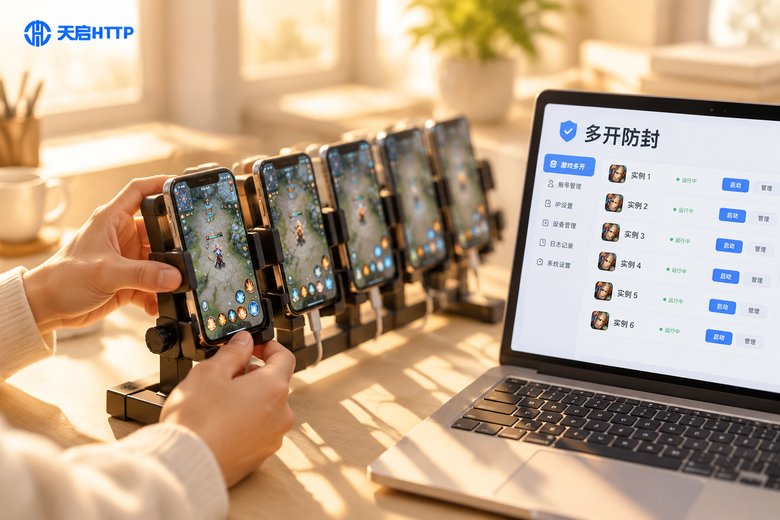 游戏多开工作室手机阵列与进程代理管理面板实拍